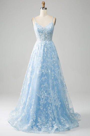 Sky Blue A-Line Spaghetti Straps Lace Long Corset Formal Dress